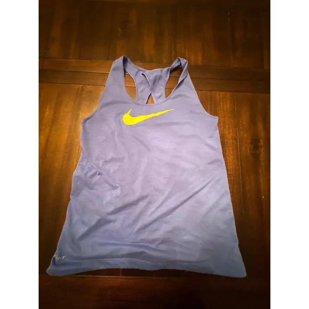 Nike Womens Dri-Fit Racerback Tank Top XS Blue Yellow Swoosh - Picture 2 of 7